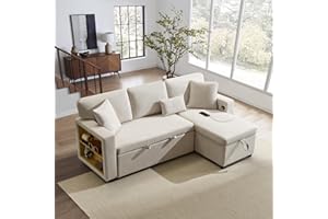 Wyibwy, Sofá esquinero de 3 plazas, sofá cama en forma de L, con contenedor, puerto USB integrado y estante, tejido de franela, 215 x 133 x 85 cm, para salón/apartamento, beige