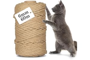 CIOXSOIO Cuerda de Yute 6mm x 60m, Cuerda Rascador para Gatos, Cuerd Cañamo Sisal Natural, para Embalaje, Decoración, Regalos, DIY Manualidades, para Reparación y Reemplazo