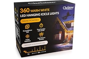 CHRISTOW Hanging Icicle Christmas Lights, 360 Warm White LED, 10m Lit Length, Indoor & Outdoor, Mains Powered with Timer, 8 Flash Lighting Modes with Memory, Fairy String Light Xmas Decorations