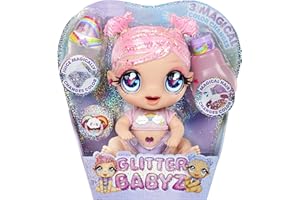 MGA ENTERTAINMENT MGA'S Glitter Babyz - DREAMIA STARDUST - Lalka z 3 Magicznymi Zmianami Kolorów w Lodowatej Wodzie - Brokatowe Różowe Włosy, Tęczowe Ubranko, Pieluszka, Butelka i Smoczek - Dla Dzieci od 3 Lat