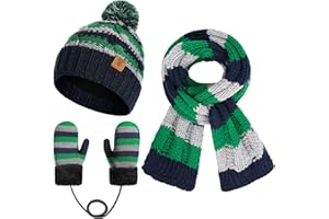 INSISMY 3PCS Kids Winter Hat Scarf Gloves Set for 3-8 Years Boys and Girls Pompom Beanie Hat Lined with Fleece Knitted Set