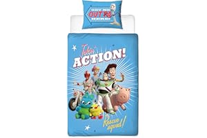 ‎CHARACTER WORLD Character World Offizielles Toy Story 4 Einzelbett-Bettbezug, Rescue-Design, wendbar, zweiseitig, Bettbezug mit Woody & Buzz Lightyear mit passendem Kissenbezug