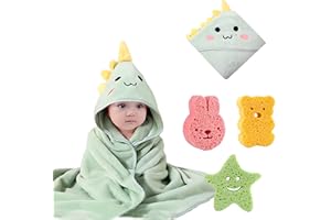 HOAAIGO Asciugamani da Bagno Neonati con 3 Spugne da Doccia, Asciugamano con Cappuccio Extra Morbido per Bambino Piccoli, Accappatoio Super Assorbente con Simpatico Orecchie per Neonato 0-3 Anni (Verde)