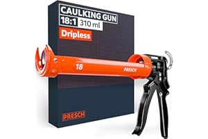 Presch Silicone Gun 18:1 Thrust Ratio with Drip-Stop – Caulking Gun for up to 310ml cartridges (Medium Viscosity, Construction Adhesives) – 360° Rotating Barrel with Integrated Puncture pin