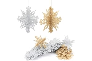 Aitsite 16 PCS Adornos de Copos de Nieve con Purpurina 3D Arbol Navidad Adornos de 4 Pulgadas para Adornos Arbol Navidad Boda de Fiesta Hogar Decoraciones para Festivales - Dorados y Plateados