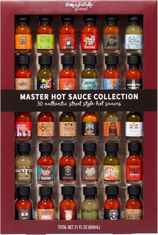 Thoughtfully Gifts, Master Hot Sauce Collection Gift Set, Flavors Include Garlic Herb, Cayenne Bacon, Apple Whiskey, Mango Habanero and More, Pack of 30