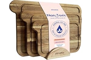 Ziruma FSC Acacia Wood Chopping Board Set of 3 with Holder, Beeswax Conditioned, Forever Chemical-Free, 41x28, 33x23, 25x18 cm