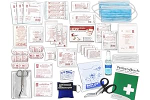 HM ARBEITSMEDIZIN Komplett-Set Erste-Hilfe nach AKTUELLER DIN/EN 13157 PLUS 2 für Betriebe mit Hygiene-Spray, Notfallbeatmungshilfe & Verbandbuch incl.Alkoholtupfer + Pinzette