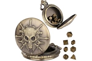 KELLER & WEBER Set di Dadi Mini DND Steampunk Warlock Custodia per Orologio da Tasca, 7 pezzi, Set di Dadi di D&D in Metallo Ppoliedrico, Regali con Scatola Regalo, Accessori per Giochi da Tavolo di Ruolo, Bronzo