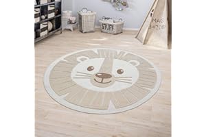 Paco Home Kids Rug Children's Room Round Play Mat Boy Girl 3D Effect Lion Beige, Size:Ø 120 cm round