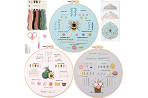 Ryebme Kit Bordado Principiantes, 3 Piezas Kit de Práctica de Puntada de Bordado para Adultos, Embroidery Kit Con Bastidor de Bordado de Bambú, Herramienta y Instrucciones, Hilos de Colores