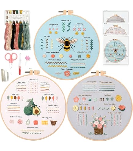 Kit Ricamo Per Principianti - 3 Pezzi Con Tessuto, Filo, Ago E Istruzioni Per Imparare Punti Base