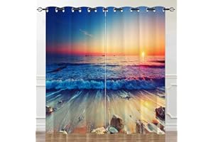 YUANZU Tropical Ocean Sunset Scenery Window Curtains, Wave on Sea Sand Beach Curtains Panels, Microfiber Blackout Fabric Eyelet Curtains for Living Room Bedroom W117cm (46") x D137cm (54") 2 Panels