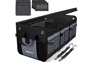 FORTEM Organizador de Maletero de Coche y SUV - Organizador de Coche para Almacenamiento – Caja Plegable con 3 Compartimentos - Base Antideslizante - Cinchas Ajustables - Tapa Extraíble (Gris)