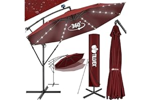 tillvex 300/350 cm Sombrilla Excentrico con 32 Luces LED Solar | Parasol para Terraza Jardín Balcón Patio | con Manivela y Base en Cruz, Giratorio 360º, Protección UV