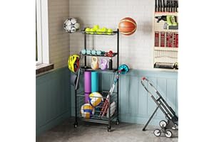 SUUIWAU Garage Sports Equipment Organizer Metal Ball Storage Rack with Wheels 4-Layer Rolling Basketball Football Storage Cart with Shelves Baskets Hooks for Soccer Volleyball Baseball Tennis Indoor Outdoor