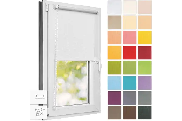 Estika Estor Enrollable sin taladrar - 70 cm x 120 cm - Blanco - instalación con Abrazaderas, Estor para Ventanas de Interior, mampara de privacidad para Ventanas y Puertas de balcón