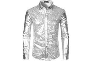 LucMatton Men's Shiny Metallic Long Sleeve Slim Fit Button Down Shirts for Club Rock Hip Hop Disco Party Cosplay