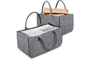 Aufun Borsa in feltro, 2 pezzi Borsa portalegna Cesta con Manico Pieghevole, borse in feltro per la spesa, Cesta per Legna per la conservazione di legno, giornali (50 x 25 x 25 cm, Grigio Chiaro)