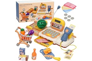 Biapian 42 Pcs Kids Cash Register, Toy Till Cash Register with Scanner, Pretend Shopping Trolley Toy Real Calculator, Play Food, Play Money for 3+ Year Old Boy/Girl Gift Role Play Shopping for Toddler