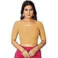 Amazon Brand - Anarva Round Neck Dobby Cotton Lycra Stretchable Elbow Half Sleeve Readymade Saree Blouse for Women Stylish