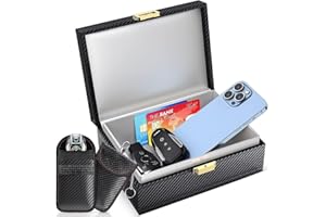 LANPARD Caja Faraday Antirrobo & 2 funda Faraday para Llaves de Coche, Bloqueadora de RFID Bloqueo Señal Llaves «Keyless» en Cuero Fibra de Carbon Negro (Negro, L)
