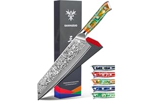 SANMUZUO Couteau Kiritsuke de 22cm - Couteau de Chef en Damas - Japonais en Acier de Damas 67 Couches Couteau de Cuisine - Manche en Résine (Orange Fantastique) - Xuan Série