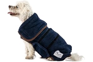 The Wagging Tailor® Dog Drying Coats for Small Dogs - Soft Feel Microfibre Small Dog Coats - Adjustable Dog Robes for Drying Dogs With a Velcro Collar & Under Belly Dog Drying Coat (Blue, XS)