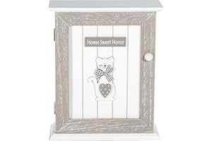 SPOTTED DOG GIFT COMPANY Key Box Wall Mounted Wooden Key Cupboard Cabinet with 6 Hooks for Hallway, Decorative Grey Cat Themed Home Décor, Gifts for Cat Lovers Women Men