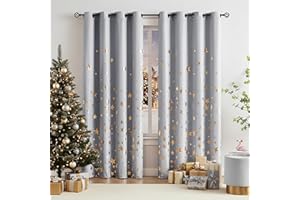 Treatmentex Grey Gold Blackout Curtains for Living Room 90 inch Drop Eyelet Curtains for Bedroom Star Geometric Foil Thermal Insulated Window Curtain Panels 2 Panels