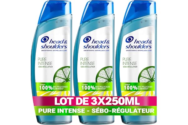 Head & Shoulders Pure Intense Sébo-Régulateur Shampooing Antipelliculaire 3x250 ml, Au Citron, Pour Cuir Chevelu Gras, Jusqu’à 100 % des pellicules éliminées