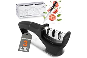 Multira Messerschärfer | 3-Stufen Schärfsystem für Küchenmesser, Stahl- und Keramikklingen | rutschfeste Bodenplatte | für Haushalt und Profis | 20,5x7,3x6,2 cm | 260g | Schärfkopf herausnehmbar