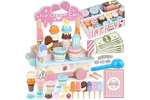 Dreamon Lodziarnia drewniana zabawka dla dzieci w wieku od 3, 4, 5 lat, drewniana zabawka do zabawy, akcesoria do zabawy, sklep z drewnem, dla dzieci, wózek do lodów, zabawka na prezent dla chłopców i