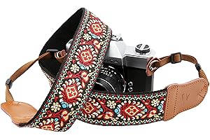 Padwa Lifestyle Correa de cámara de flores rojas, cabeza de cuero vacuno de 5 cm de ancho, correas de cámara vintage tejidas de algodón bordado, correa universal para el cuello y el hombro para todas