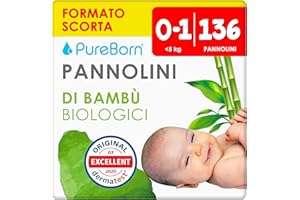 PureBorn 136 Pannolini Taglia 1 (0-5 kg), Ipoallergenico, Ultra assorbente, Pannolini neonati 0-3 mesi, Dermatologicamente testato, Anti Perdita, pannolino di alta qualità naturali bambù