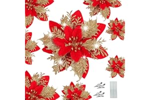 WUBAYI 12 flores decorativas para árbol de Navidad con 12 tallos y clips, flores artificiales de Pascua con purpurina para árbol de Navidad, boda, Año Nuevo, guirnalda de Navidad, decoración de corona
