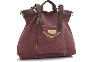 LOSMILE toile Vintage Grand Sac à Main,Sacs portés épaule,Sac bandoulière en tissu pour Femme/fille. (vin rouge)
