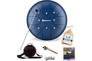 Sonodrum Zungentrommel "Standard" C - Dur in Blau - 20 cm klein mit 8 Tönen - Steel Tongue Drum inkl. Liederbuch, Schlägel, Fingersticks und Tragetasche - Notenlesen nicht nötig, einfach zu spielen.