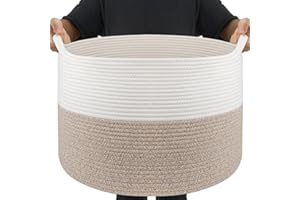 Maliton Canasta de Cuerda de AlgodóN,Cesta Para Guardar Mantas,50x50x33cm grande Cesta Ropa Sucia Bebe,Cesta de Almacenaje de Juguetes,Cestas de Lavandería Tejidas Para Mantas-Blanco Marrón