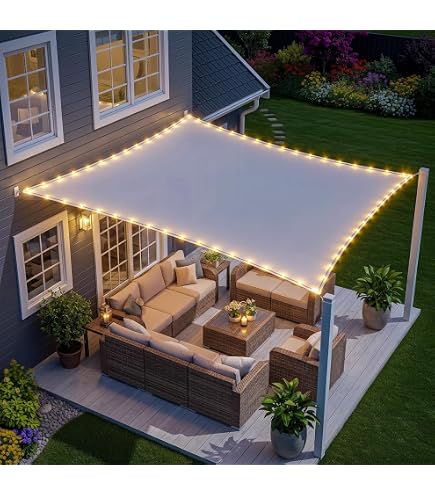 Sonnensegel mit LED-Leuchten, Wasserabweisend, Sonnenschutz, UV-Schutz für Terrasse, Balkon und Garten, mit Spannseilen, Beige,Beige,2×3m