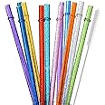 ALINK 12-Pack Glitter Reusable Thick Plastic Straws, 11" Long Hard Tumbler Drinking Straws with Cleaning Brush