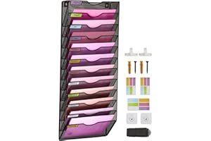 ideallife Wall Mounted Document Holder, A4 Mesh in Tray Wall Pocket File Holder Mail Organiser Magazine Storage Rack, 12 Tier Desk Tidy Stationary Organiser A4 Paper Storage for School Home and Office