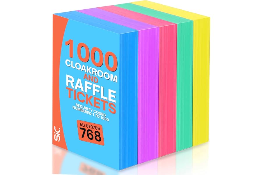 SIC 5-Pack Raffle Tickets Books 1-1000 – Cloakroom & Tombola Drum Tickets with Security Numbering – Numbered Raffle Books – Ideal for Fundraising, Prize Draws & Charity Events