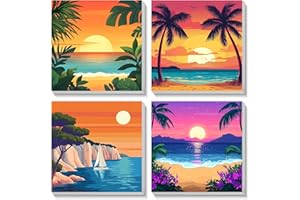 Bowetile 4 Pack Atardecer Pintar por Numeros Adultos Niños Principiantes con Marco, Kit DIY Cartoon Cuadros para Pintar por Numeros, Pintura Acrilica Manualidades Niña, Regalo 4-8-12+ Años 20X20cm