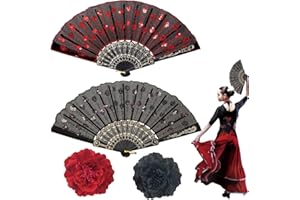 OURDORT 2PCS Handfächer + Haarschmuck Blumen, Faltbare Fächer, Fächer mit Blumenstickerei, Blume Brosche Haarschmuck, Handfächer Damen, für Halloween Karneval Hochzeit Karneval Party Sommer