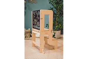 Family Nation, Torre Montessoriana 3 in 1, con Lavagna Magnetica, Convertibile in Tavolo e Sedia, per Bambini da 1 Anno di età, Struttura in Legno con Supporto Extra, Natural, 42x45x86 cm