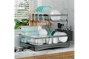 7 code Large Dish Drying Rack for Kitchen Counter,Detachable Large Capacity Dish Drainer Organizer with Utensil Holder,2-Tier Dish Drying Rack with Drain Board,Black