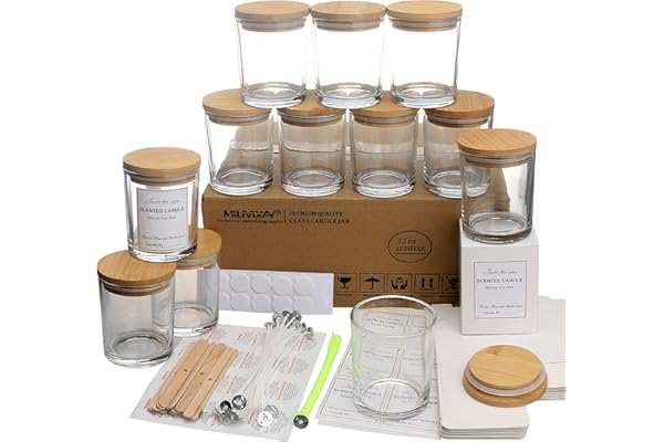 MILIVIXAY Lot de 12 pots à bougies en verre transparent de 355 ml avec couvercles et kits de fabrication de bougies – Pots à bougies vides en vrac pour la fabrication de bougies – Contenants à épices