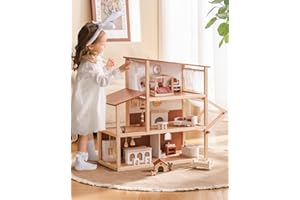 ROBUD Puppenhaus Holz, Böhmischen Stil 3-Stöckiges Puppenhaus mit 37 Realistische Zubehör & Möbel, Kinder Dollhouse Spielzeug Geschenke ab 3 Jahre Mädchen