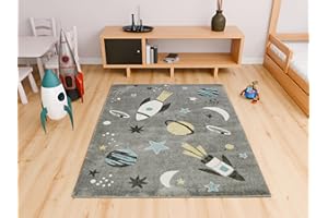 AKCILA Lima rechteckig Kinder Teppich 140x190 cm, Kinderzimmer Kurzflor Teppiche, Kinderteppich Mädchen, Jungen, Kids Carpet, Spielteppich Kinder Babyzimmer Tepich, Rakete, Planeten,Wohnzimmer Teppich